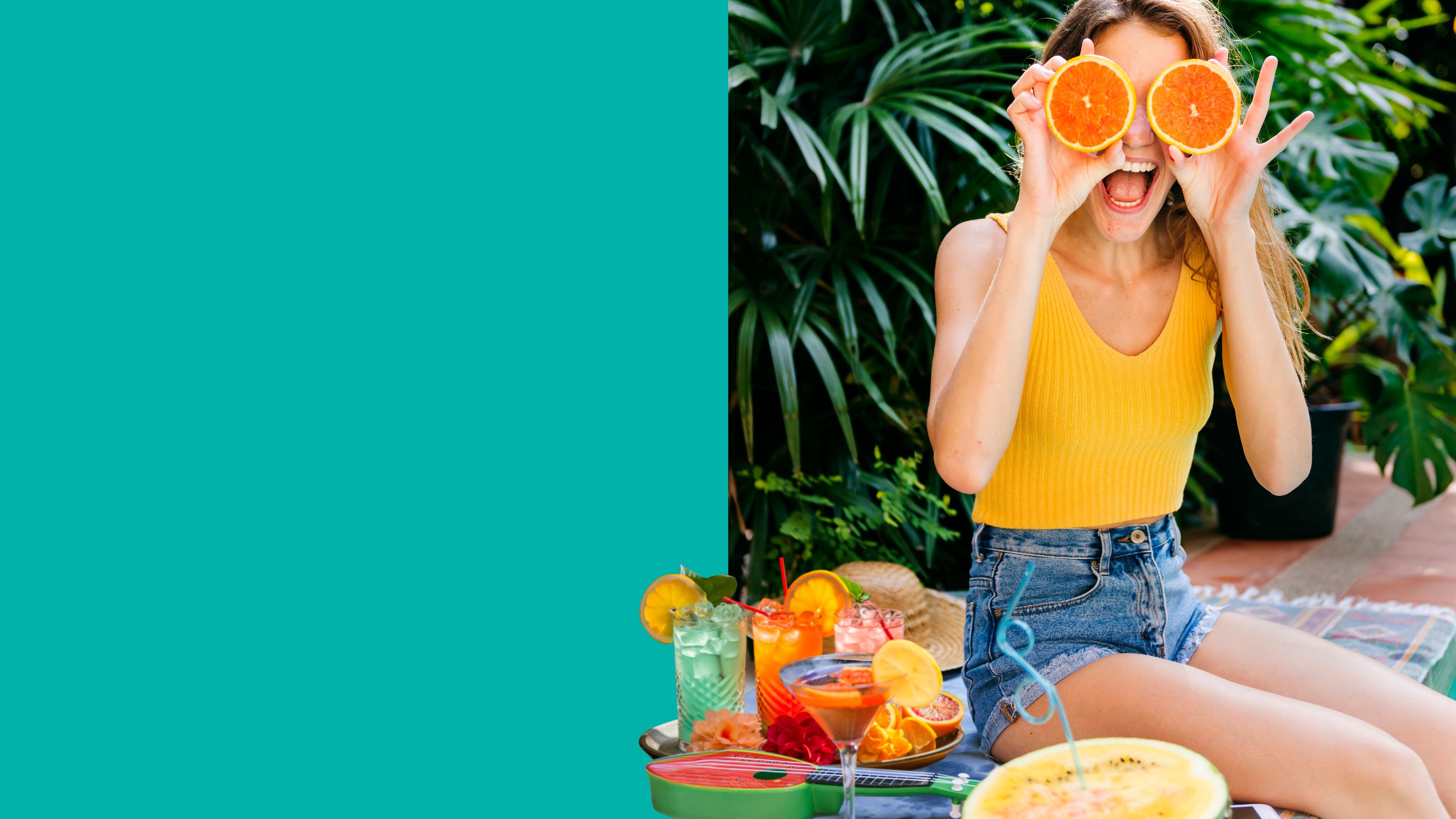 young woman sitting poolside with cocktail glasses