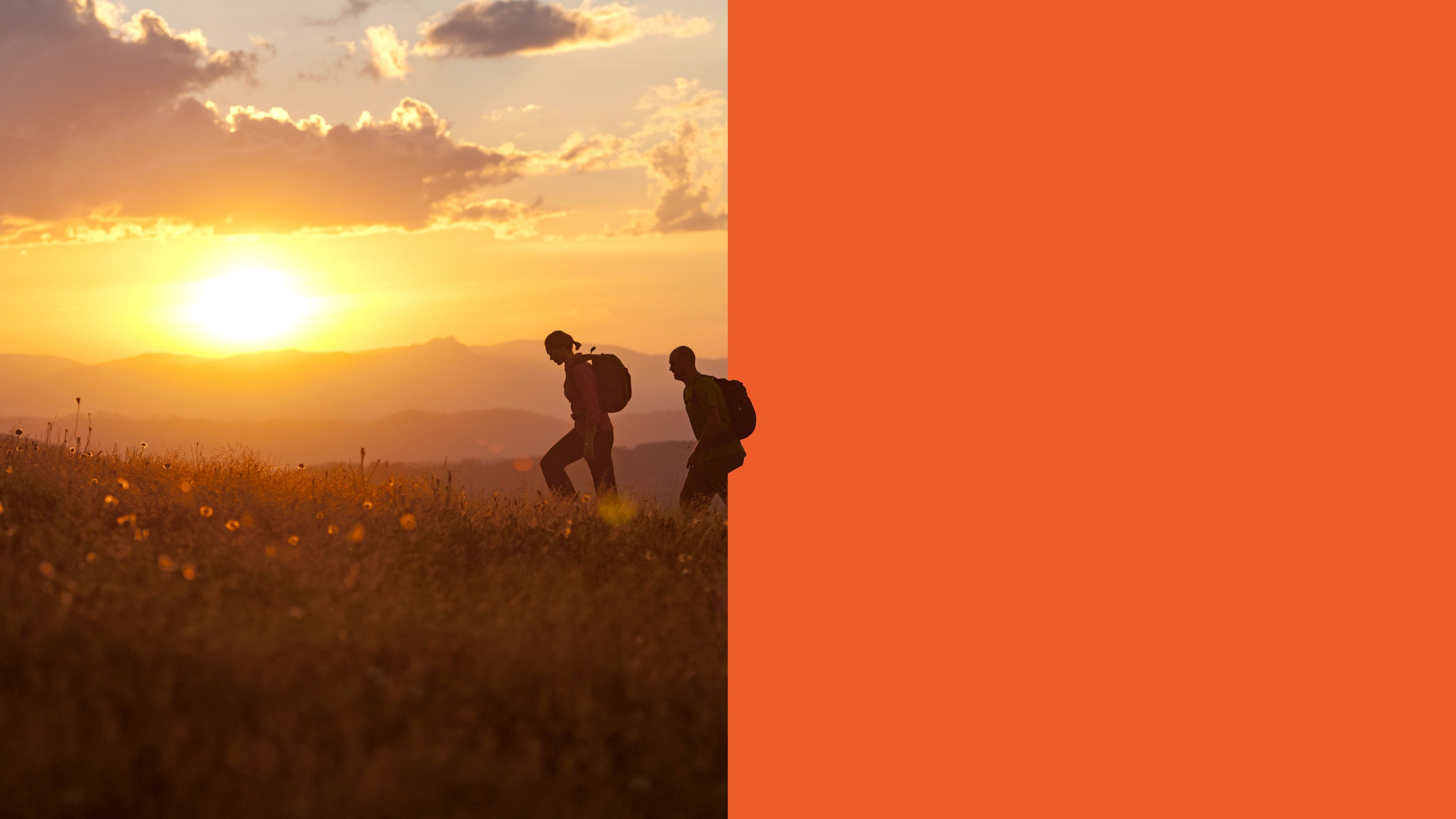 couple walking at sunset in alpine grassy field